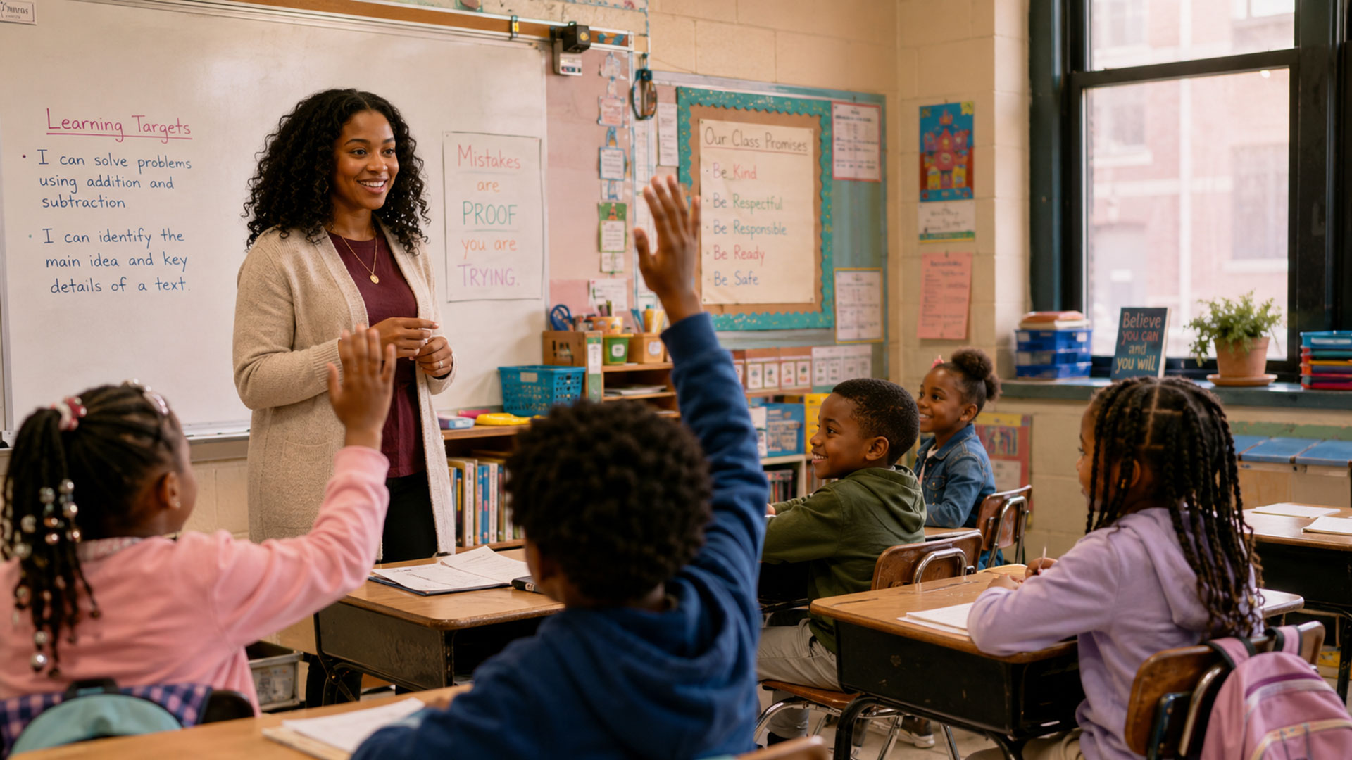 students raising their hands in a classroom