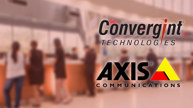 People in a bank branch lobby with Axis Communcations and Convergint logos