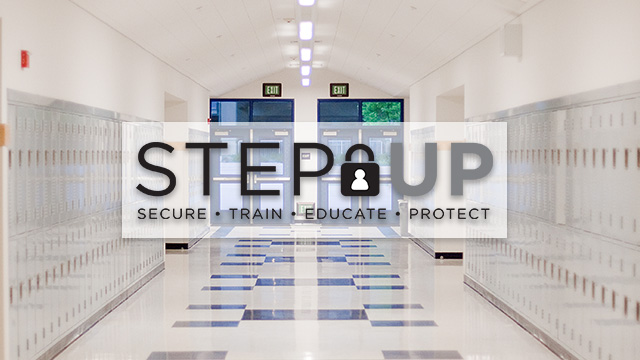 School hallway with STEP Up logo over it