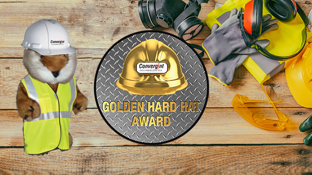Golden hard hat logo with caddy shack gopher in vest