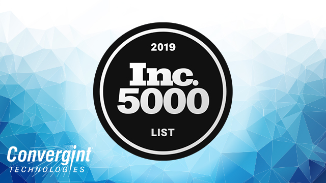 Inc 5000 logo over blue geometric background with Convergint logo in the bottom left corner