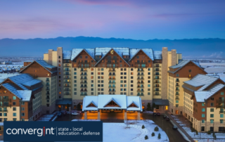 Gaylord rockies hotel in Colorado front view with snow on ground