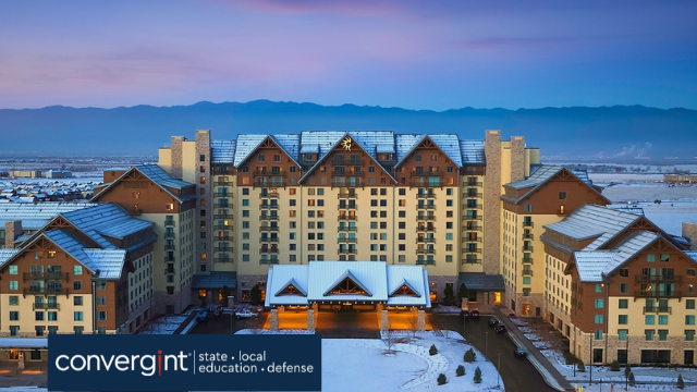 Gaylord rockies hotel in Colorado front view with snow on ground