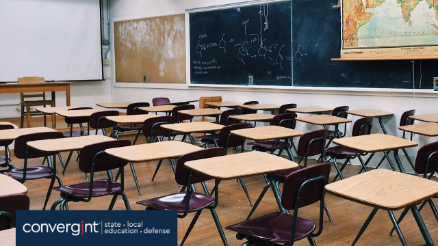 desk and tables in a class room