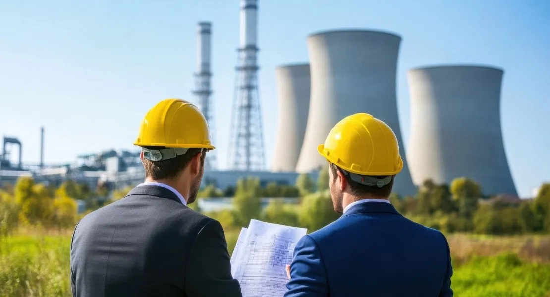 Dois homens com capacetes amarelos olhando para uma usina de energia