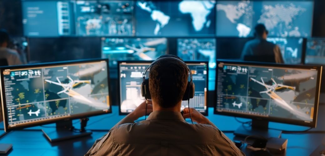 Security operations center with an operator monitoring multiple surveillance and analytics screens.