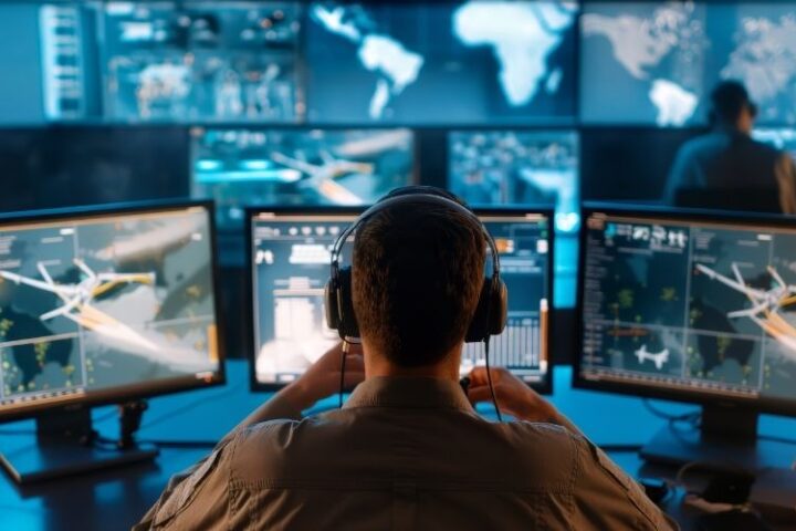 Security operations center with an operator monitoring multiple surveillance and analytics screens.