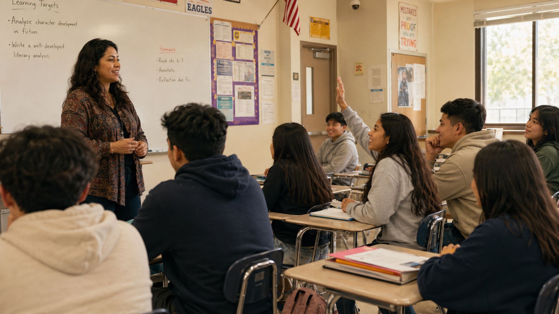 student raising her hand in class