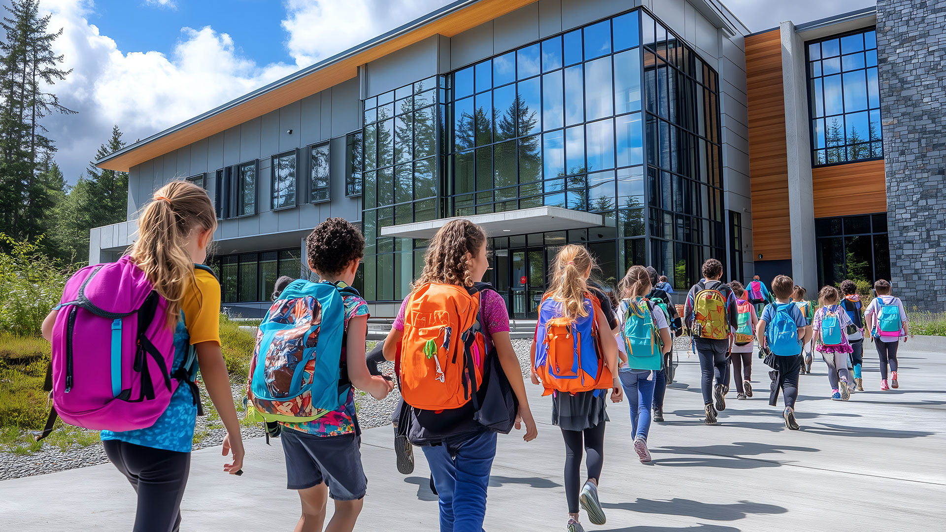 Children walking into modern school building
