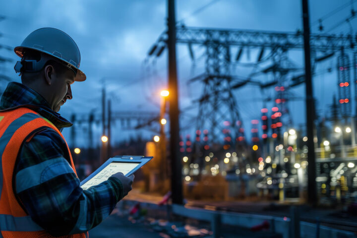 Worker looking at iPad at a substation