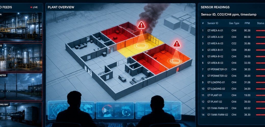AI-powered industrial monitoring dashboard showing live video feeds, plant overview, and real-time gas sensor alerts.
