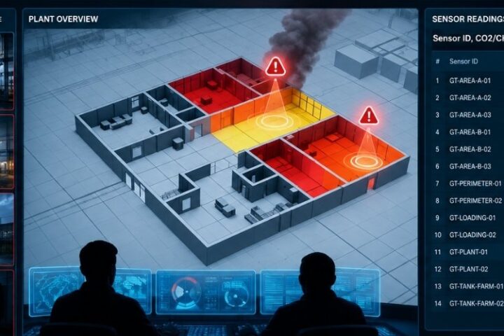 AI-powered industrial monitoring dashboard showing live video feeds, plant overview, and real-time gas sensor alerts.
