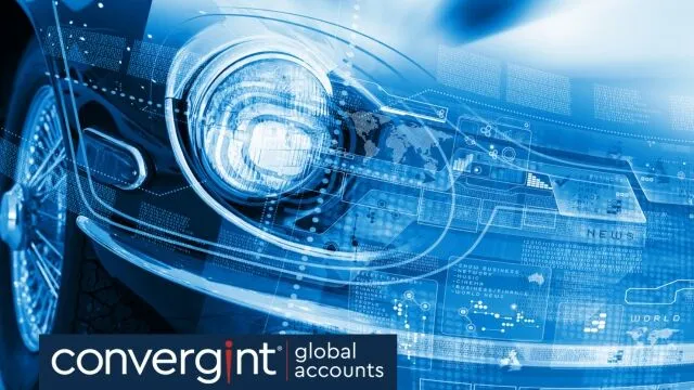 Ilustración automovilística con superposición de elementos gráficos de tecnología global