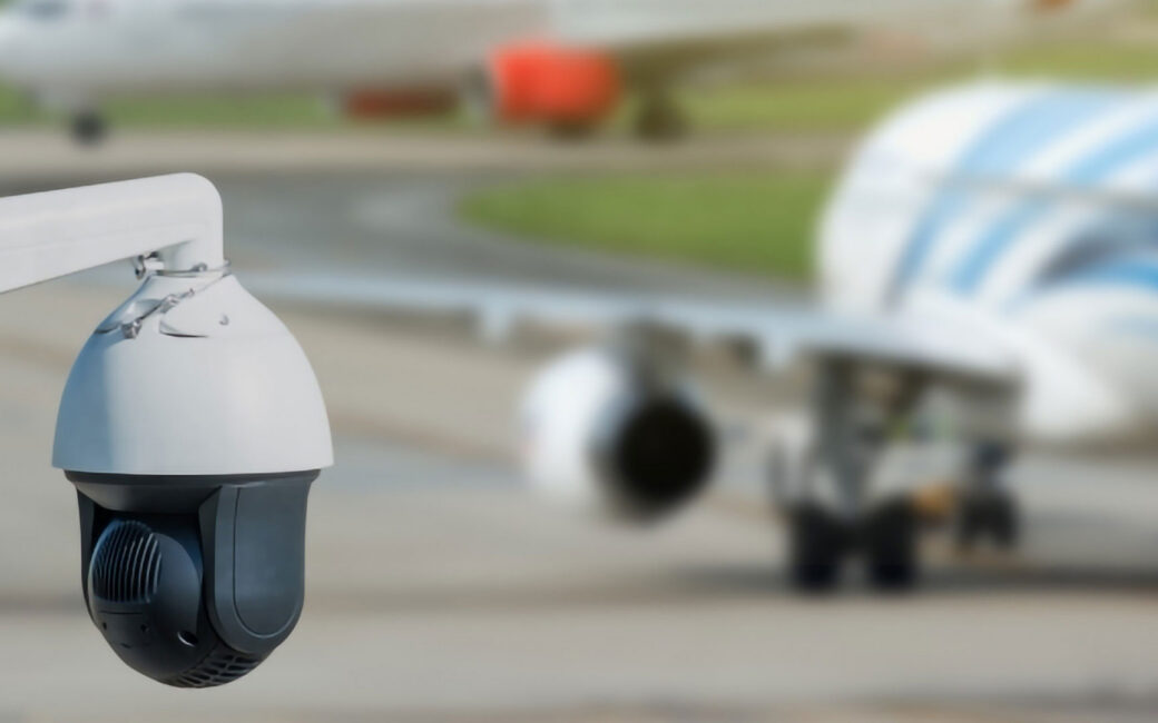 an exterior security camera at an airport